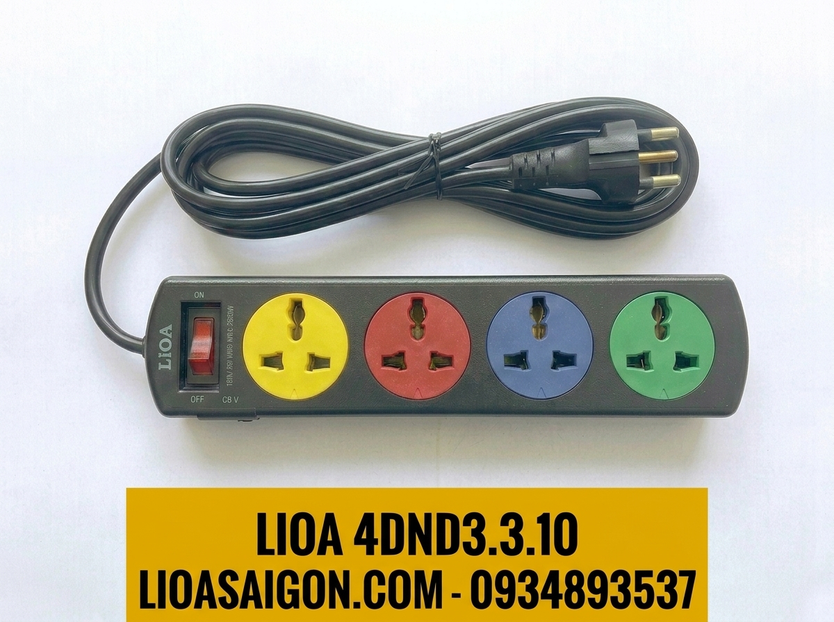 Ổ Cắm LiOA 4DND3.3.10 (4 Lỗ - 3m - 3 Lõi - 10A) Có Tiếp Địa